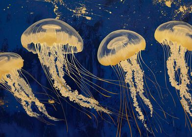 Golden Jellyfish on Blue Background