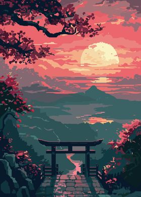 Japanese Sunset Landscape Pixel Art