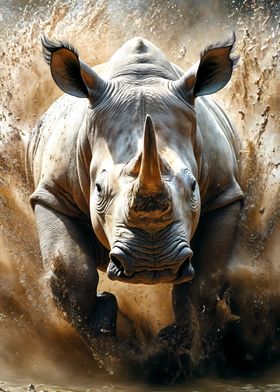 African White Rhino in Savannah Charging