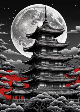 Japanese Pagoda Under Full Moon