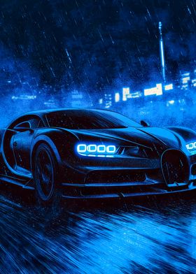 Blue Bugatti in the Rain