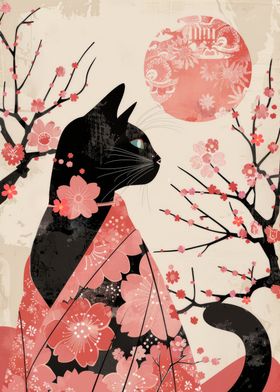 Black Cat in Cherry Blossoms Kimono