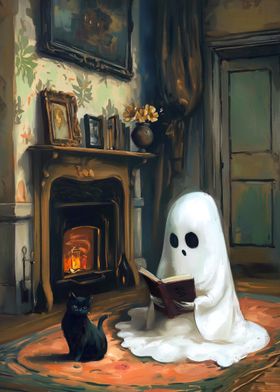 Spooky Ghost Reading by Fireplace