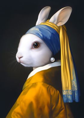 Vintage Rabbit Girl with Pearl Earring