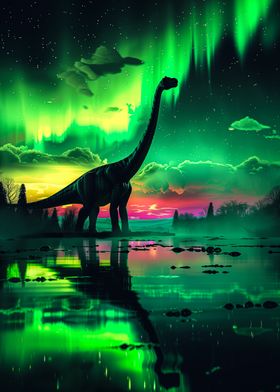 Dinosaur Under Aurora Borealis