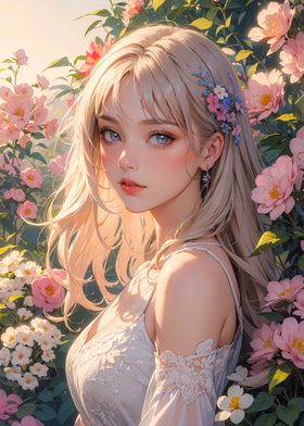 Anime Girl in Flower Garden