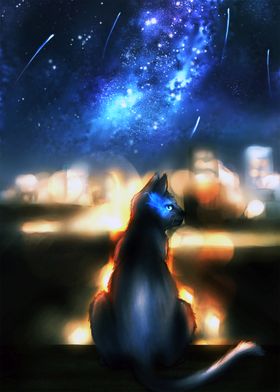 Cat Under Starry Sky