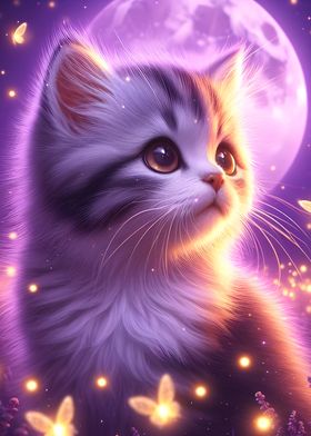 Cute Kitten Under Moonlight