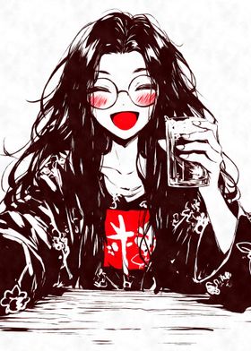 Smiling Anime Girl with Drink