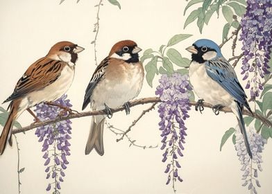 Birds on a Branch with Wisteria