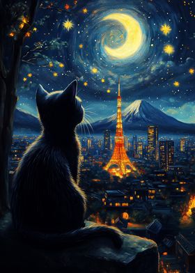 Cat dreaming Tokyo starry night