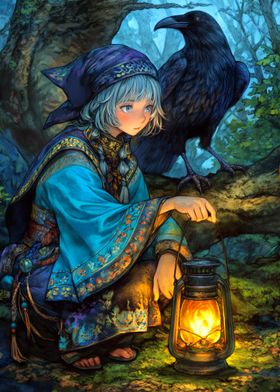 Girl with Lantern and Raven