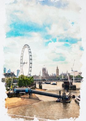 London Eye & Big Ben Watercolor