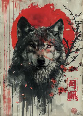 Wolf with Red Sun and Cherry Blossoms