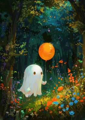 Ghost with an Orange Balloon in Forest