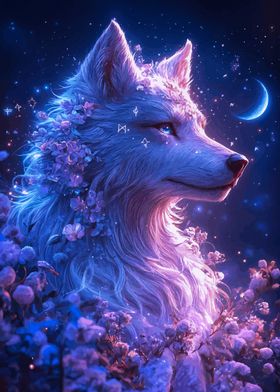 Mystical Wolf with Flowers