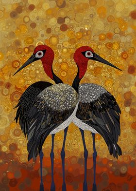 Two Cranes on Golden Background