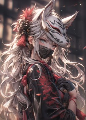 Samurai Girl with Fox Mask