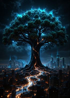 Glowing Tree Over City