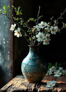 White Flowers in Blue Vase