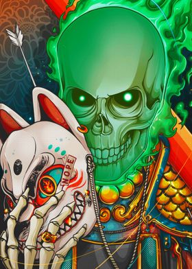 Green Flame Skull with Mask