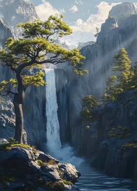 Waterfall in Mountain Nature