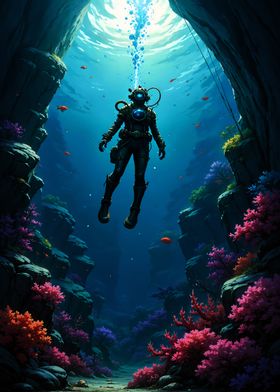 Underwater Diver in a Cave