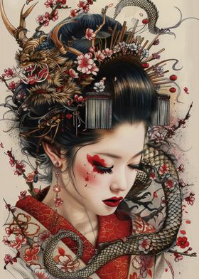 Geisha with Dragon and Cherry Blossoms