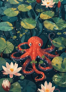 Cute Octopus in Lily Pond