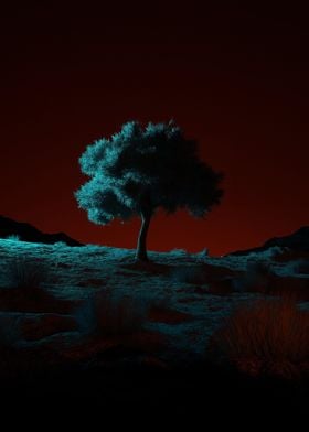 Lone Tree in Red Night