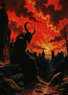 Demonic Figure in Red Sunset