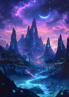 Fantasy Night Landscape Cosmic Neon Glow