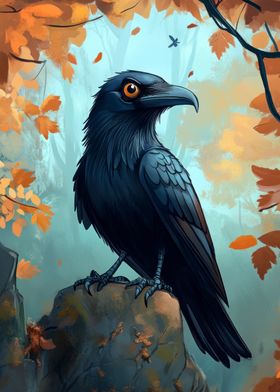 Raven in Autumn Forest