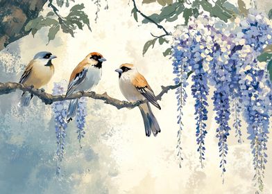 Birds on Wisteria Branch