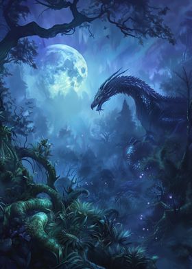 Dragon in Moonlight Forest