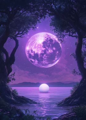 Purple Moon Tree and Ocean