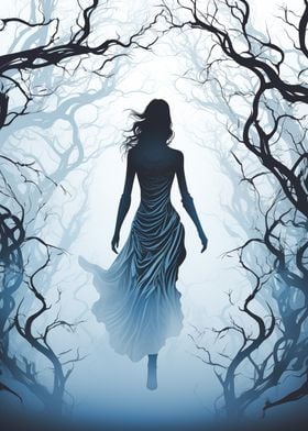 Woman in a foggy forest