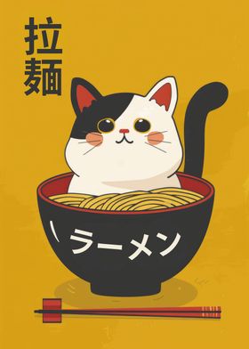 Cute Cat in Ramen Bowl