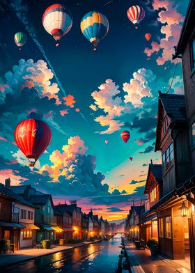 Hot Air Balloons Over Town