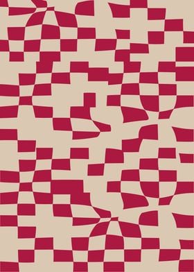 Abstract Red and Beige Wavy Checkered Pattern | Optical Illusion Wall Art