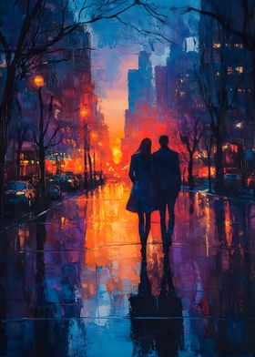 Couple Walking City Sunset