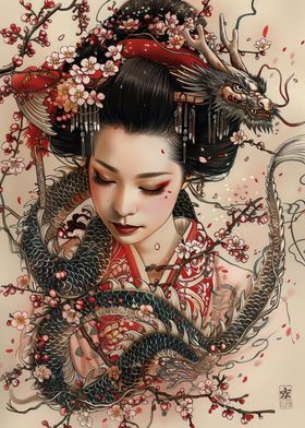 Geisha with Dragon and Cherry Blossoms