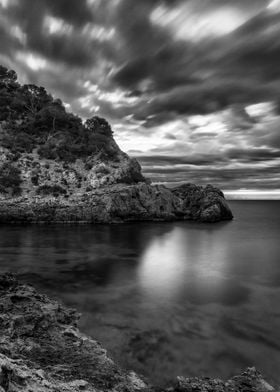 Dramatic coastal black and white sea