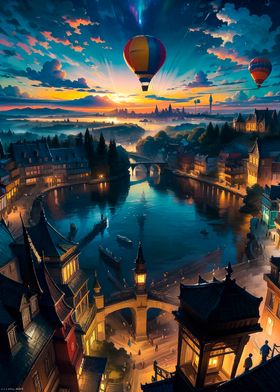 Fantasy Cityscape with Hot Air Balloons