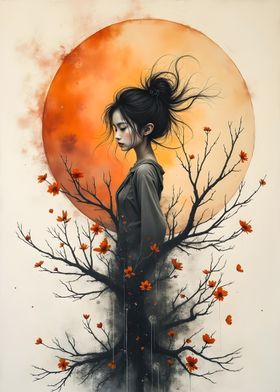 Woman from the tree under a full Moon