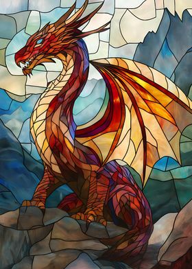 Mystical Stained Glass Mountain Dragon 