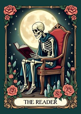 The Reader Tarot Card Skeleton Reading a Book 