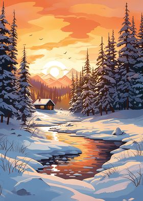 Winter Cabin Sunset