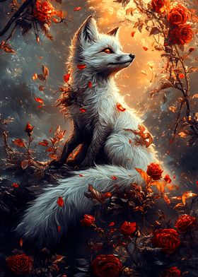 White Fox in Rose Garden