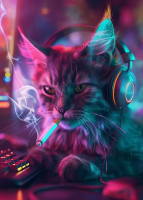 Neon Cat Gamer Smoking